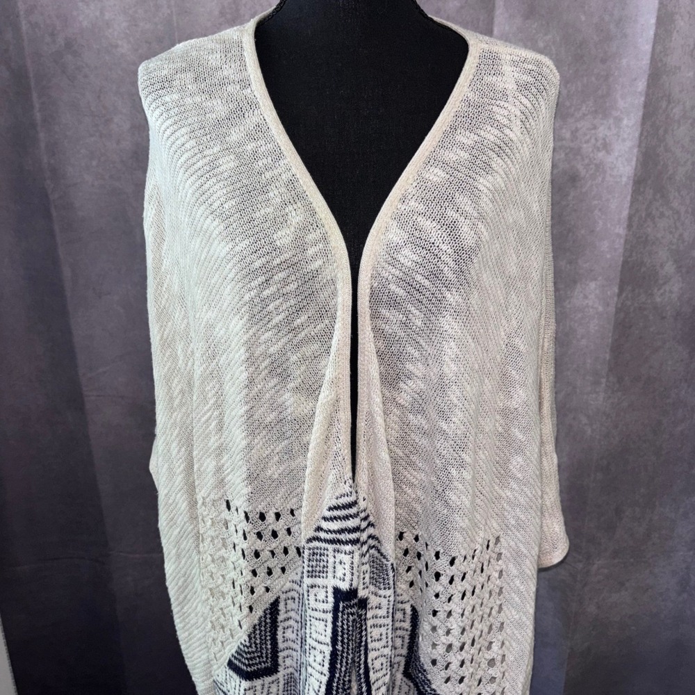 Sweet‎ N Sinful Womens Large Cream Navy Boho Open Front Geometric Kimono Wrap